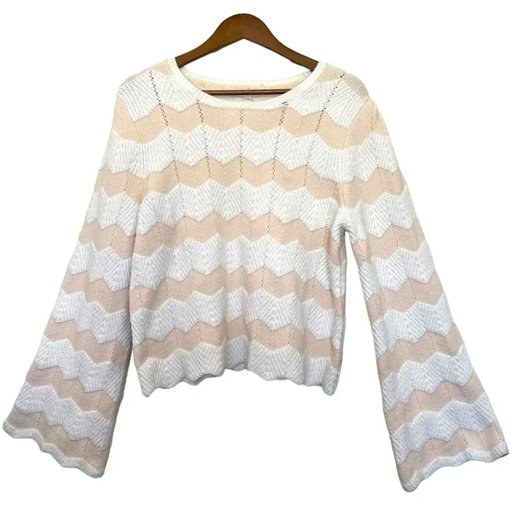 LC Lauren Conrad Womens Sweater L Peach White Chevron Pointelle Bell Sleeve Boho